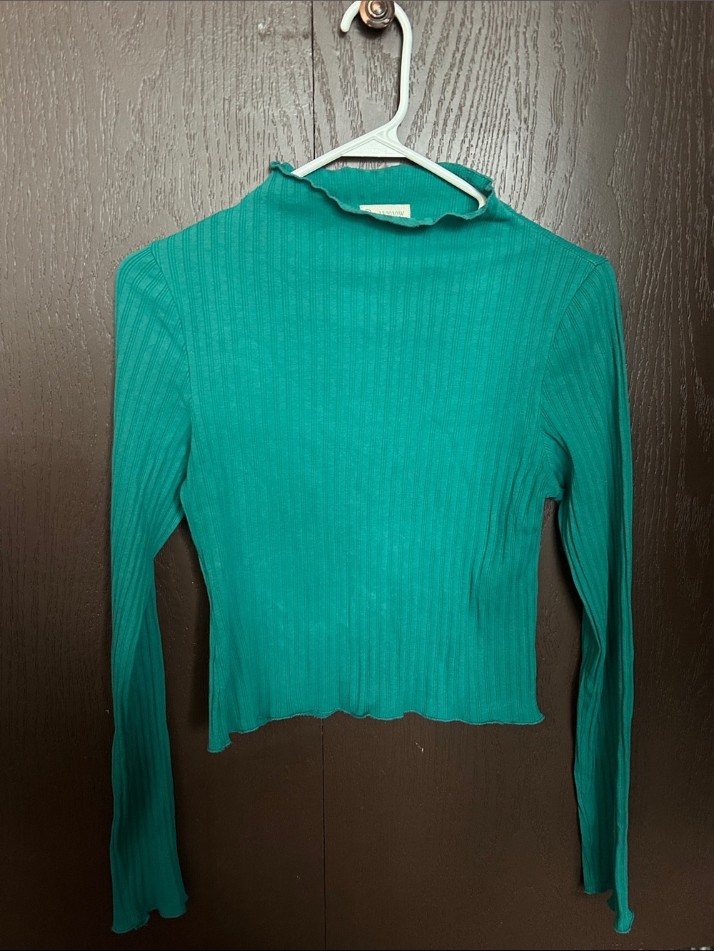 Ribbed Mock Neck Long-Sleeve Top in Teal Green